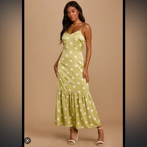 Lulus Green Polka Dot Satin Tiered Maxi Dress